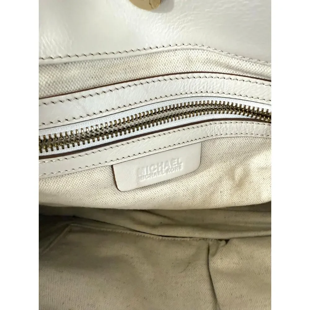 Michael Kors Straw Woven White Leather Shoulder Bag Gold Multiple Pockets - Picture 6 of 11